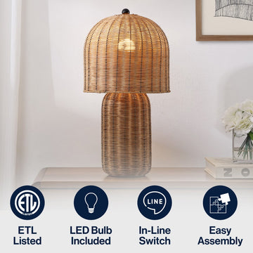 Minna 22.5" Modern Coastal Woven Rattan Arched LED Table Lamp
